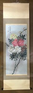 KK-6486 ■送料込■ 陳文翰 ◯瑰 中国 花鳥図 肉筆 絵画 書画 掛軸 183cm×61.5cm /くMAら