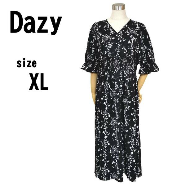 【XL】Dazy レディース 薄手 ワンピース ゆったり 植物柄 ブラック