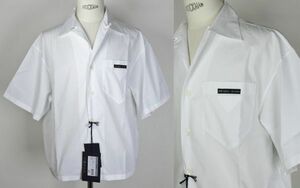 23SS PRADA プラダ ロゴ トライアングル コットンポプリン　開襟 半袖 シャツ S 白 shirt 三角 プレート b7049