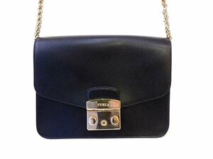 美品 FURLA フルラ ショルダーバッグ ■ レザー 黒 ブラック×ゴールド金具 メトロポリタン レディース ポシェット □ 5I5J