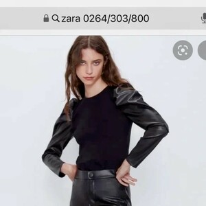 ザラ ZARA フェイクレザー × リブ ニット スイッチング カットソー 長袖 size L ブラック 希少