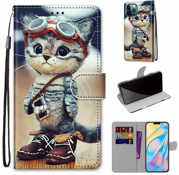 新品 iphone 14proケース 手帳型 カバー かわいい 猫プリント 対応機種：iPhone14pro素材：合皮、TPU