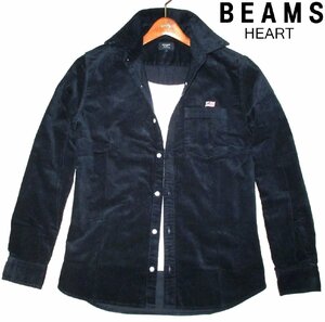 新品ラス1 秋物 L ビームス BEAMS HEART 中厚 US フラッグ刺繍 国旗 長袖シャツ ダークネイビー 細目 コーデュロイ 濃紺 メンズ ポケット