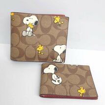 【77】COACH×PEANUTS 2点セット スヌーピー財布 二つ折り コーチ C4591 メンズ レディース コラボ 稀少 シグネチャー レザー_画像1