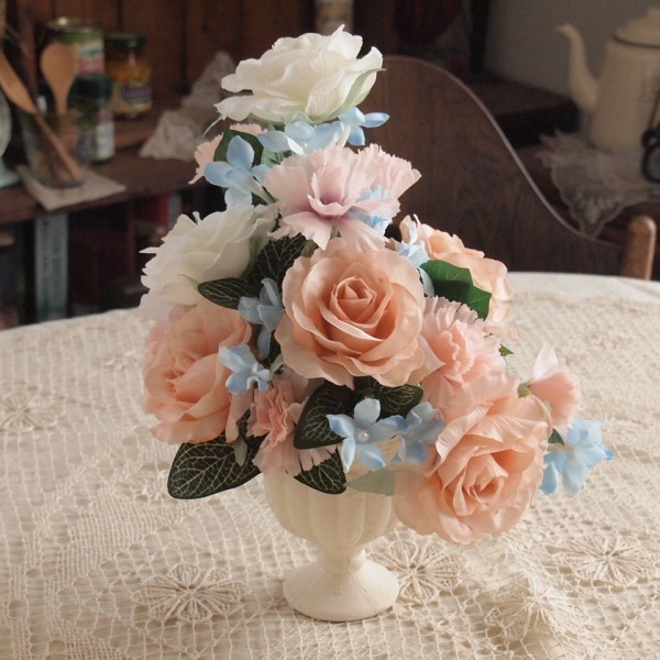 बिक्री! 50% छूट! कृत्रिम फूलों की व्यवस्था, आड़ू गुलाब, नीला चमेली मिश्रण, कृत्रिम फूल, आंतरिक सामान, handcraft, हस्तशिल्प, कला फूल, दबाये हुए फूल, व्यवस्था