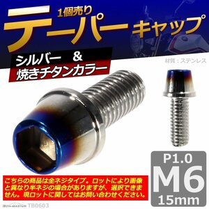 M6×15mm P1.0 テーパー キャップボルト ステンレス 車/バイク/自転車 ドレスアップ パーツ シルバー＆焼きチタンカラー 1個 TB0603