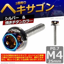 M4×25mm P0.7 ヘキサゴン 六角ボルト ステンレス 車/バイク/自転車 ドレスアップ パーツ シルバー＆焼きチタンカラー 1個 TB0653_画像1