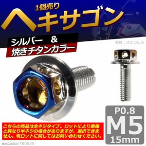 M5×15mm P0.8 ヘキサゴン 六角ボルト ステンレス 車/バイク/自転車 ドレスアップ パーツ シルバー＆焼きチタンカラー 1個 TB0655