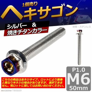 M6×50mm P1.0 ヘキサゴン 六角ボルト ステンレス 車/バイク/自転車 ドレスアップ パーツ シルバー＆焼きチタンカラー 1個 TB0669