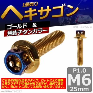 M6×25mm P1.0 ヘキサゴン 六角ボルト ステンレス 車/バイク/自転車 ドレスアップ パーツ ゴールド＆焼きチタンカラー 1個 TB0787