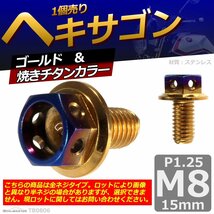 M8×15mm P1.25 ヘキサゴン 六角ボルト ステンレス 車/バイク/自転車 ドレスアップ パーツ ゴールド＆焼きチタンカラー 1個 TB0806_画像1