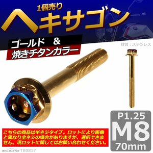 M8×70mm P1.25 ヘキサゴン 六角ボルト ステンレス 車/バイク/自転車 ドレスアップ パーツ ゴールド＆焼きチタンカラー 1個 TB0817