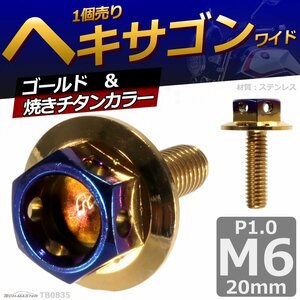 M6×20mm P1.0 ヘキサゴン ワイド 六角ボルト ステンレス 車/バイク/自転車 ドレスアップ ゴールド＆焼きチタンカラー 1個 TB0835