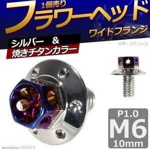 M6×10mm P1.0 フラワーヘッド ワイドフランジ 六角ボルト ステンレス 車/バイク ドレスアップ シルバー＆焼きチタンカラー 1個 TB0970