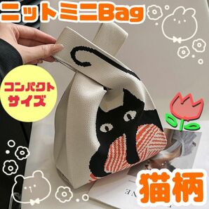 ＊ トートバッグ　ニット　秋冬　ミニバッグ　猫　手提げ　コンパクト　