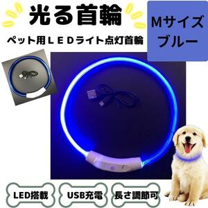 光る首輪 犬用 LED搭載 USB充電 ブルー Mサイズ 青 夜 散歩 犬 USB usb 充電 軽量 軽い 散歩 夜 キラキラ 安全 おしゃれ カラフル