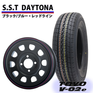 夏 新品4本SET 会社宛 送料無料 新品SUMMERタイヤ 145R12 6PR トーヨー V-02e SHONE SST DAYTONA ブラック赤青 12×4J 100mm/4穴 NO,SS614