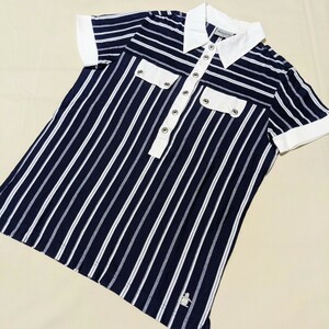 +AX1 Munsingwear マンシングウェア レディース M 半袖 ポロシャツ カットソー 紺 ネイビー ボーダー ゴルフ ウェア