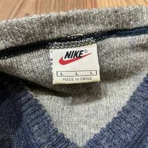 レア 90s NIKE ナイキ 銀タグ Vネックセーター ニット 刺繍ロゴ 長袖 100%ウール USA企画 ネイビー サイズL 玉mc2190_画像6