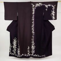 【訪問着】長尺 刺繍 訪問着 極上花唐草模様 黒紅色×黒鳶色 袷 正絹 着物 HP7-5_画像2