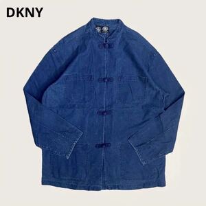 Lサイズ DKNY チャイナボタン インディゴ リネン デニムジャケット 90s