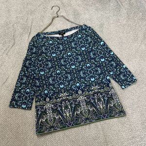 100円スタート♪ （3）TALBOTS タルボット　エスニック総柄カットソー　七分丈　サイズM　コットン　ペイズリー　長袖Tシャツ