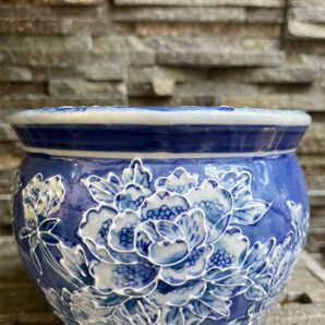 伊万里焼 手描き染め付け 一珍技法 牡丹柄 鉢カバー 穴なし