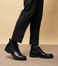 New 新品メンズショートブーツ高級牛革 ヨーロピアン ストレートチップ　ゴム 脱ぎ履きが簡単! ブラック SE26.5cm _画像7