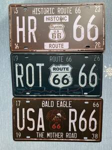 【訳あり】[送料無料] 新品 未使用 ルート66 route66 アメリカン雑貨 ライセンスナンバープレート3枚セット ビンテージ風レトロブリキ看板