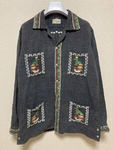 60's Vintage グアテマラ シャツ tela オープンカラー ボックス 長袖シャツ ネイビー 刺繍 民族 /USAビンテージ 60年代
