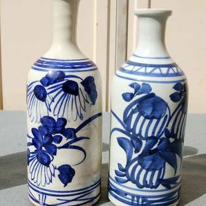 時代品 出石焼  染付  徳利 3本  5合×１ 3合×２  菊花文に蜻蛉の画像6