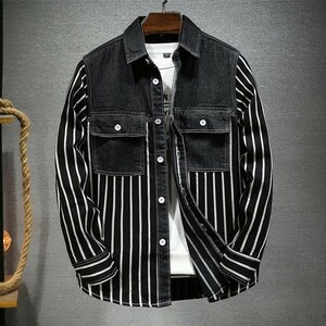 デニムジャケット 新品 メンズ ジージャン ストライプ 折り襟 シャツ 紳士 トップス ウォッシュ カジュアル 黒 M~2XLサイズ