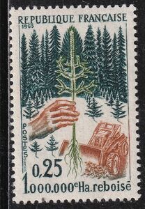 フランス切手　植林　環境保護　森林保護　造林運動　木　林業　農業機械　手　100万エーカー運動　1965