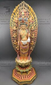 総檜材 木彫仏像 仏教美術 精密細工 金箔 切金 彩色十一面観音菩薩立像 高さ38cm