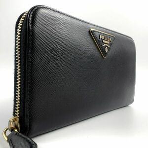 【美品】PRADA プラダ サフィアーノトライアングル 長財布 ラウンドファスナー サフィアーノレザー 黒 ブラック 三角ロゴ メンズ 1円