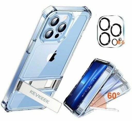 【特価商品】KEVKEEK iPhone 14 Pro 用 ケース クリア【メタル キック スタンド付き】 3WAY置き 角度調整