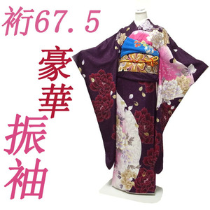  long-sleeved kimono kimono . silver through gold silver . processing ground .. purple pink .. snow wheel coming-of-age ceremony wedding silk silk formal ....67.5 M used brand new sn232