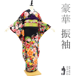  long-sleeved kimono kimono gold piece embroidery gold paint processing Japanese black pin bamboo plum .. water ground . coming-of-age ceremony two 10 -years old 20 -years old used brand new length 170.68 L size ....sb13262