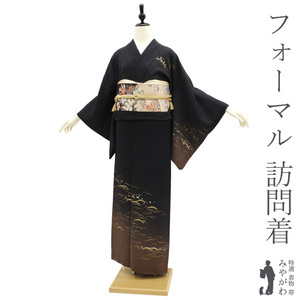 訪問着 袷 着物 正絹 黒 × 茶 ぼかし 雪輪芝 露芝 金彩加工 フォーマル 中古品 仕立て上がり 身丈159 裄64.5 Ｍサイズ みやがわ sb13246