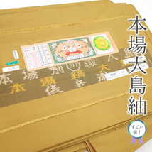 すごい値！本場大島紬 袷 着物 正絹 黄茶色 からし色 縞 カジュアル 中古 仕立て上がり 身丈162 裄67 Ｍ～Ｌサイズ みやがわ nek00899_画像1