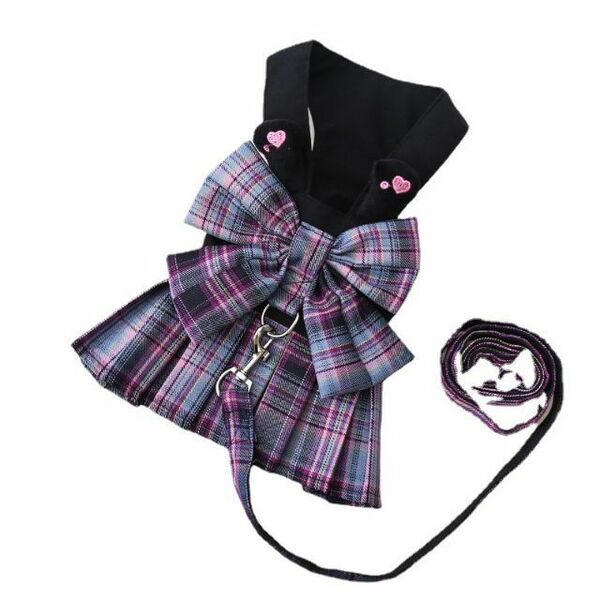 【Sサイズ / 紫色】☆チェック柄リボンスカート☆リード付き 犬の服 犬服