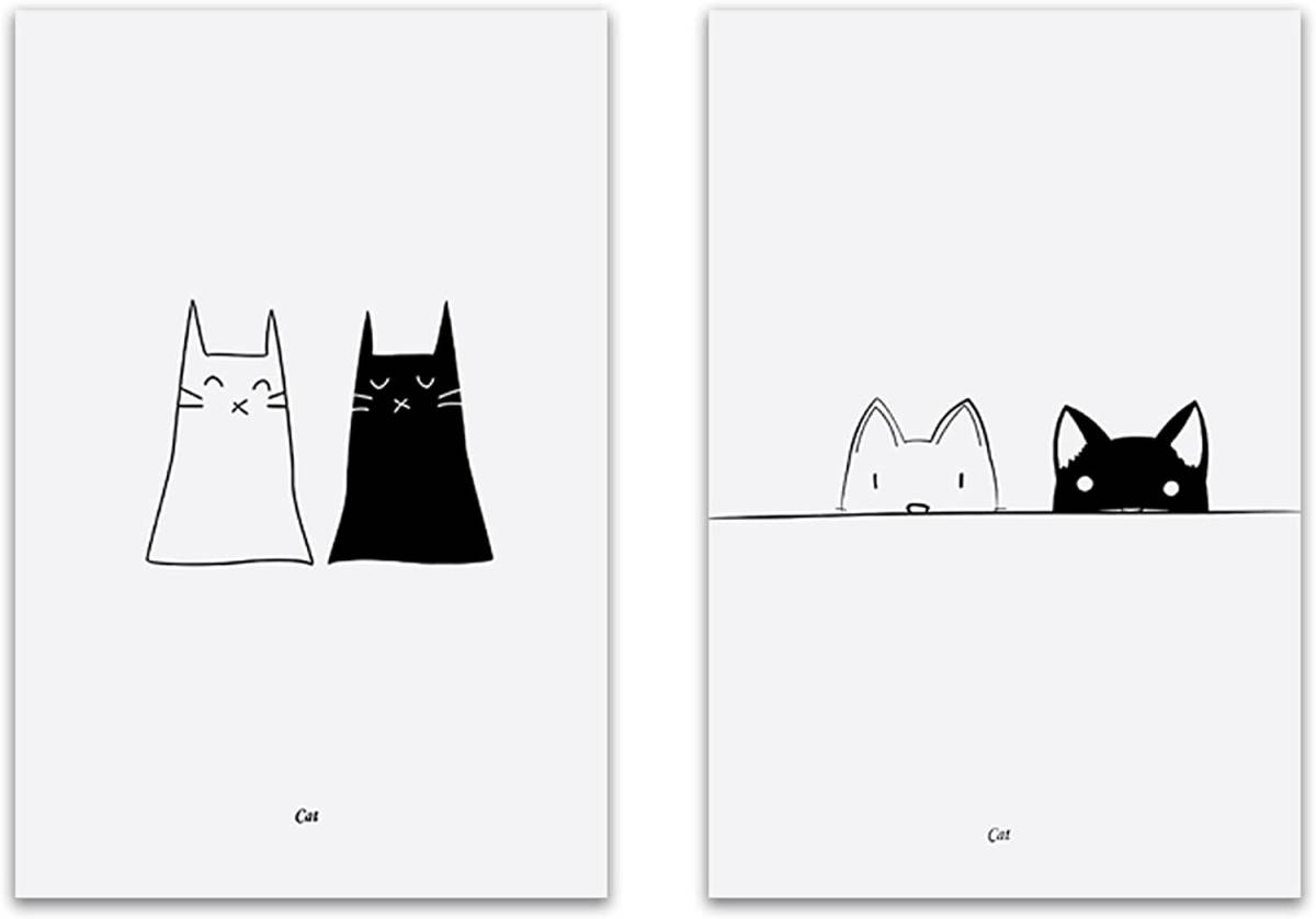 Stylish Art Panel Cat Neko Cat Set of 2 Painting Picture Modern Art Interior Wall Hanging Canvas Painting Canvas Wooden Frame Nordic Cat Painting 30x40cm, Artwork, Painting, others