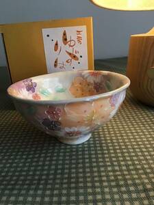 Art hand Auction Workshop Yuzuriha Seto ware rice bowl rice bowl tableware rice bowl Benisai Kyoka gorgeous cute lovely pottery hand-painted floral pattern E box, tableware, Japanese tableware, rice bowl