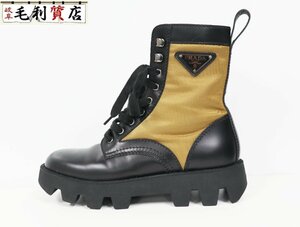 プラダ PRADA ブーツ 2UE006 ナイロン レザー 黒 カーキ サイズ6 三角ロゴ コンバットブーツ レースアップ 美品 靴