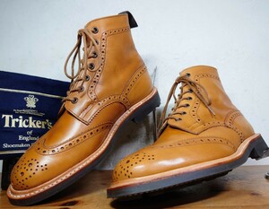 【美品】英国製 Tricker's/トリッカーズ モールトン カントリー ウィングチップ ブーツ UK9 Fit.5 27.5-28cm相応 茶/クロケット cheaney