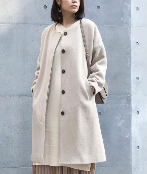 美品 送料無料 ノーカラーコート ロングコート ナノユニバース 冬服 秋服 アウター ロング丈 上着