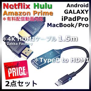 差込型 TypeC 変換 HDMI 1.5m ケーブル ＊ iPadPro iPhone15 MacBook ギャラクシー エクスぺリア スマホ プロジェクター テレビ接続