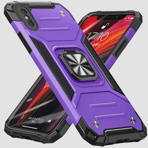 送料無料★iPhone XS/X ケース リング PC+TPU スタンド機能 二重構造 一体型 360度回転 (紫)