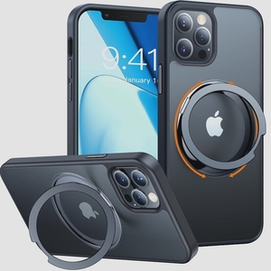 送料無料★TORRAS iPhone12ProMax ケース MagSafe 丸型スタンド付 リング ワイアレス充電(ブラック)