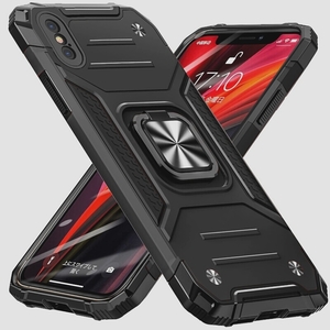 送料無料★iPhone XS/X ケース リング PC+TPU スタンド機能 二重構造 一体型 360度回転 (黒)